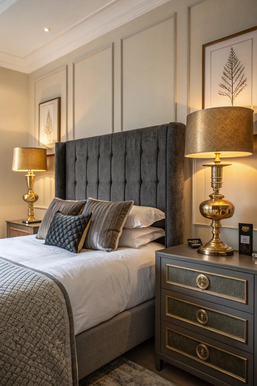 Shiny features inject a hint of opulence to a grey-themed boudoir.