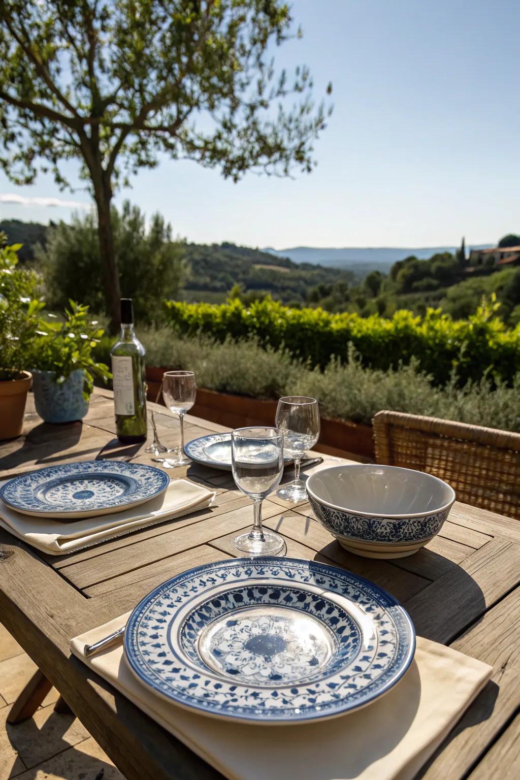 The azure and white contrast creates a relaxed environment suitable for alfresco dining.