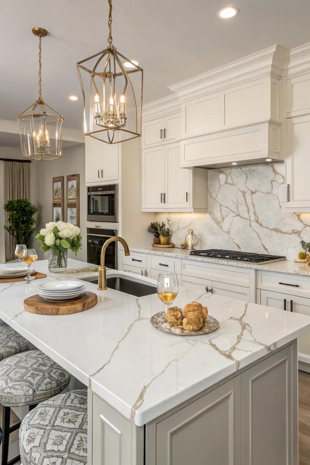 An elegant kitchen design featuring stone dust countertops that beautifully mimic genuine stone.
