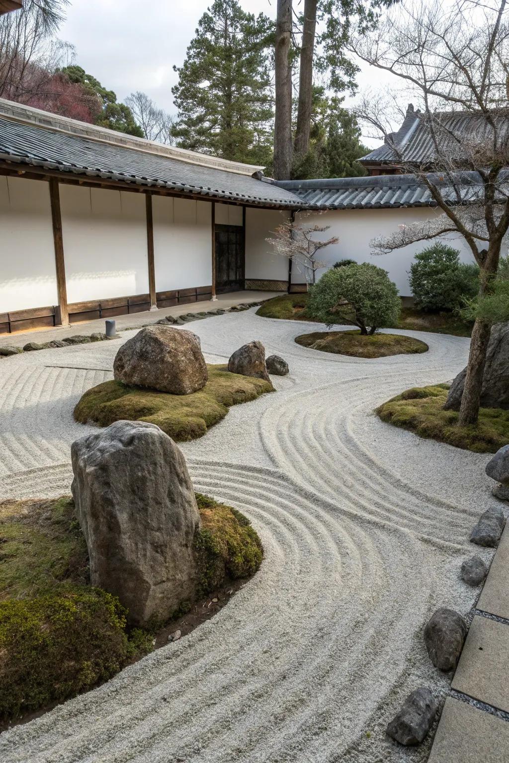 Zen gardens present a tranquil and minimal maintenance landscape choice.