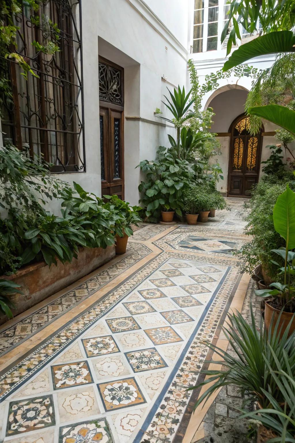 Ornamental tiles adding artistic flair to the patio.