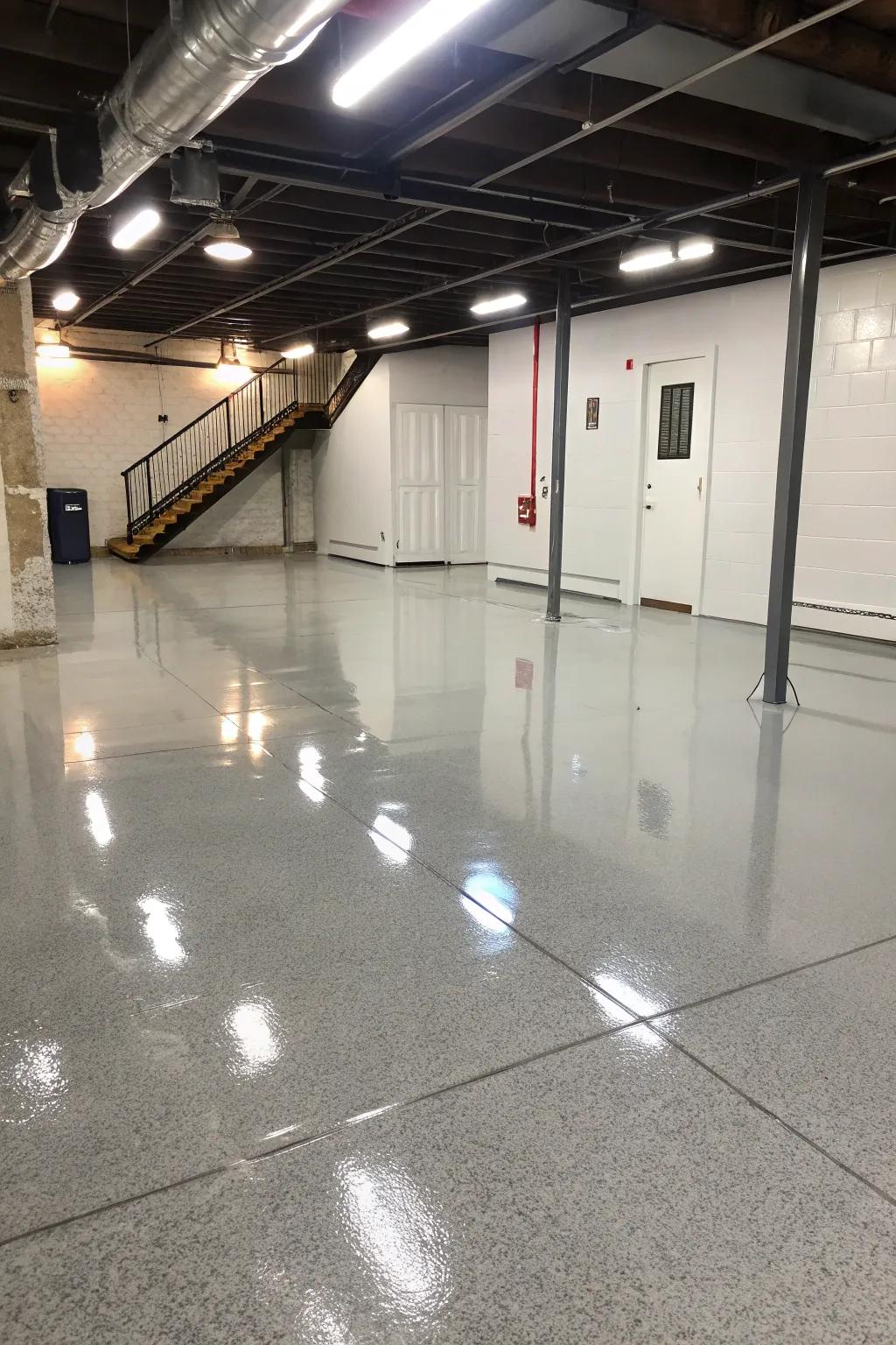 Epoxy coatings offer a robust and glossy surface that's great for active basement areas.