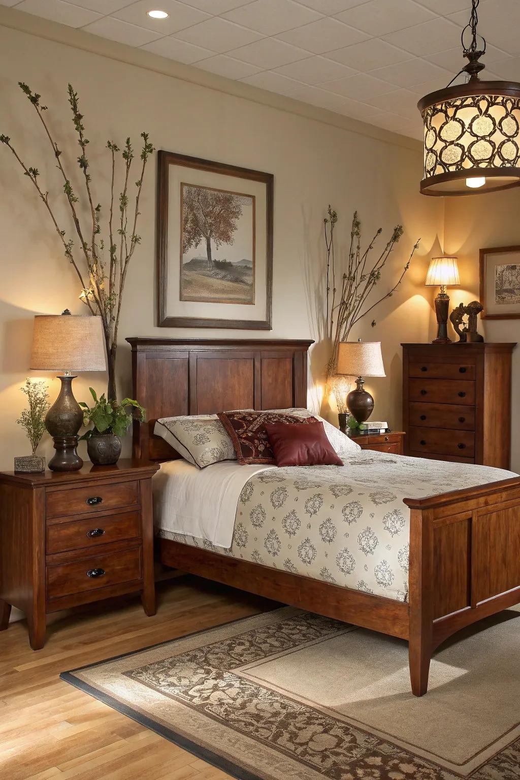 Decorative accents complementing walnut wood furniture in a bedroom.