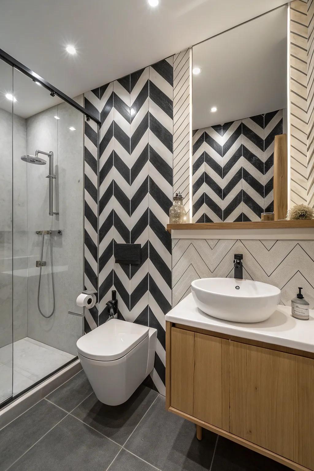 Bold two-tone herringbone tiles make a dramatic statement in this chic bathroom.