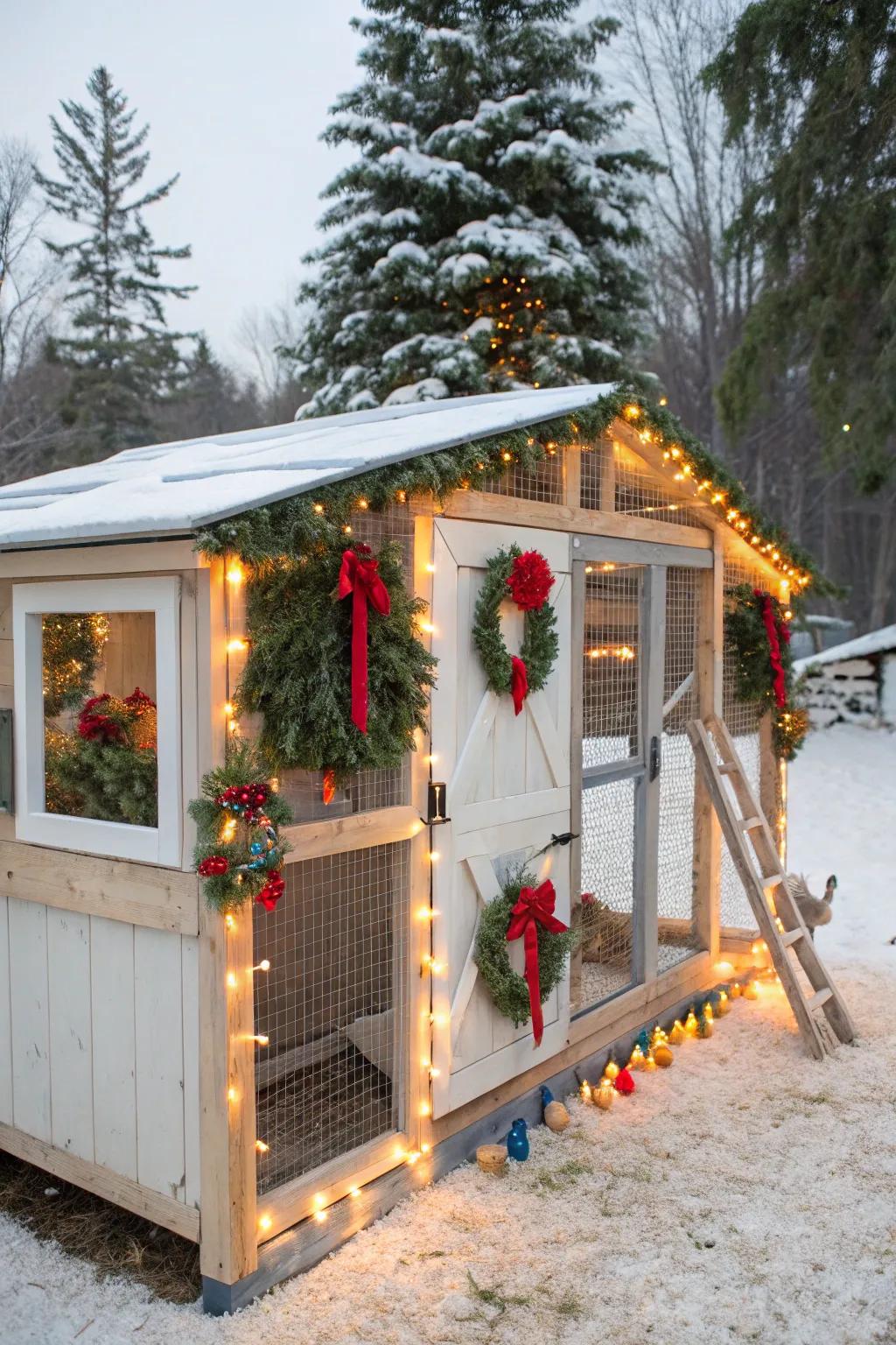 Seasonal decorations maintain a vibrant and festive coop all year.