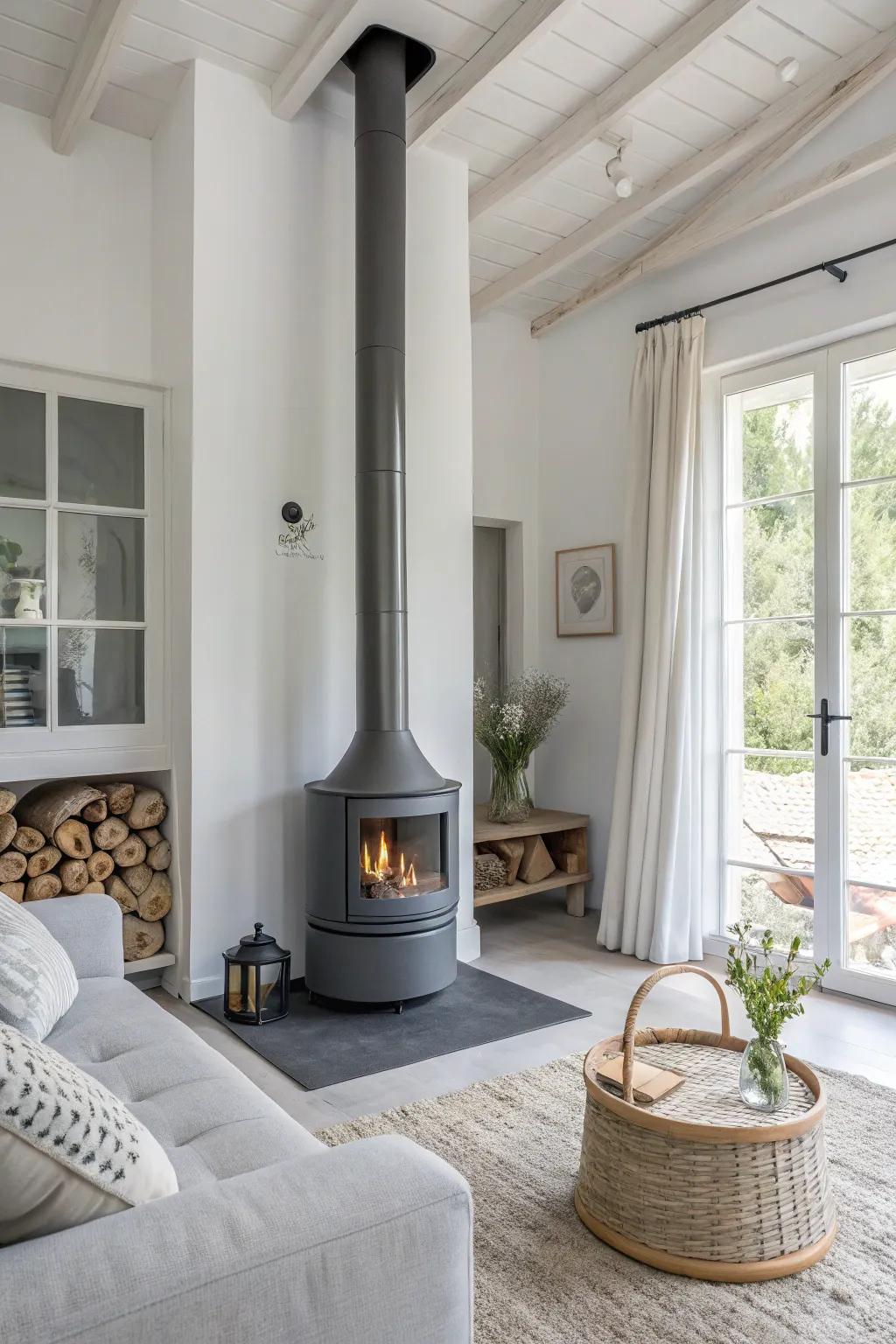 A smooth gray chimney complements a minimalist, modern design.