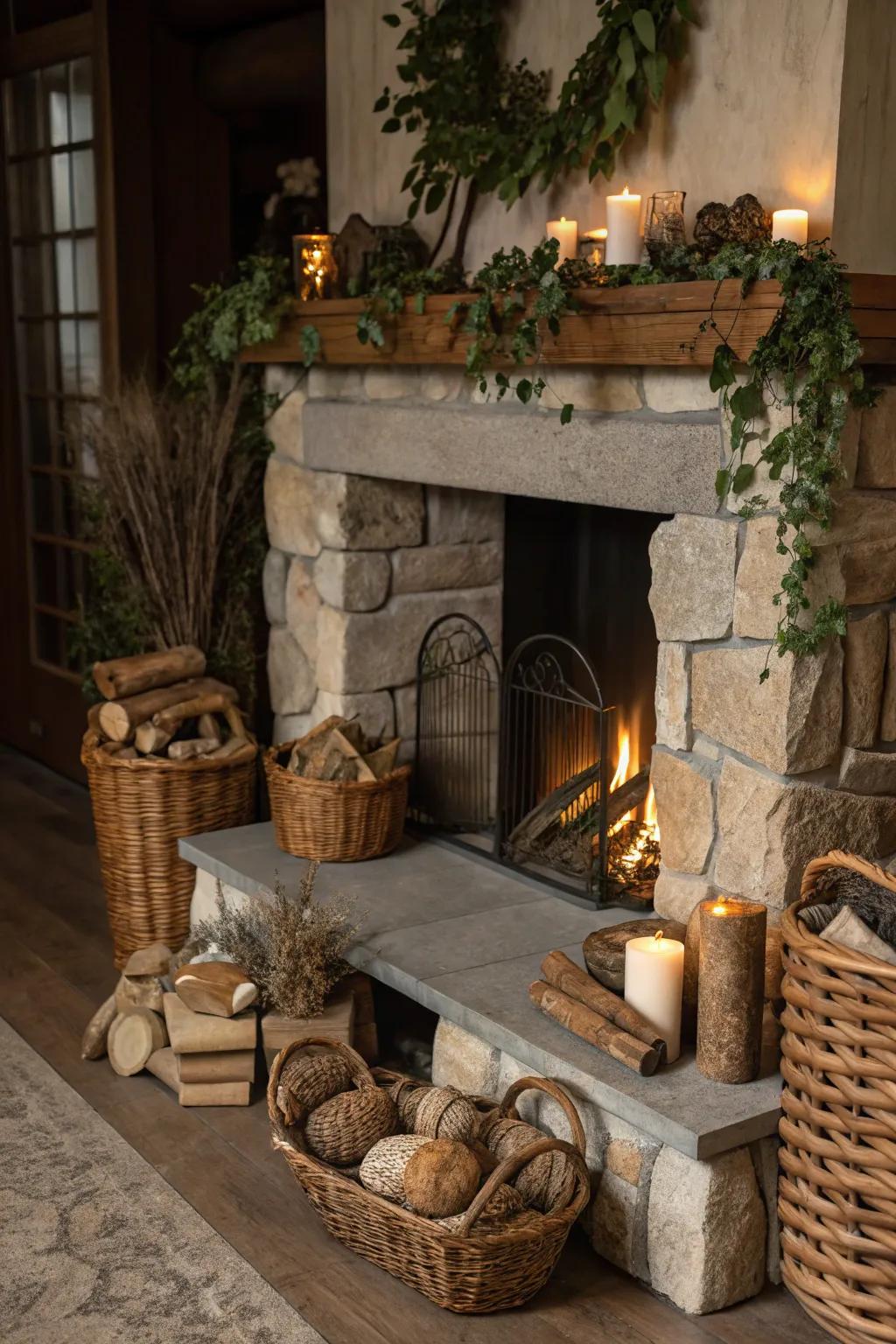Natural components surrounding the fireplace call forth a cozy, country-style appeal.