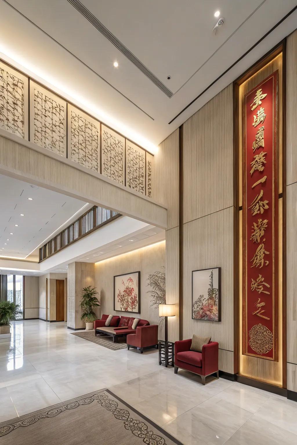 A simple lobby design merging modern and traditional Oriental features.