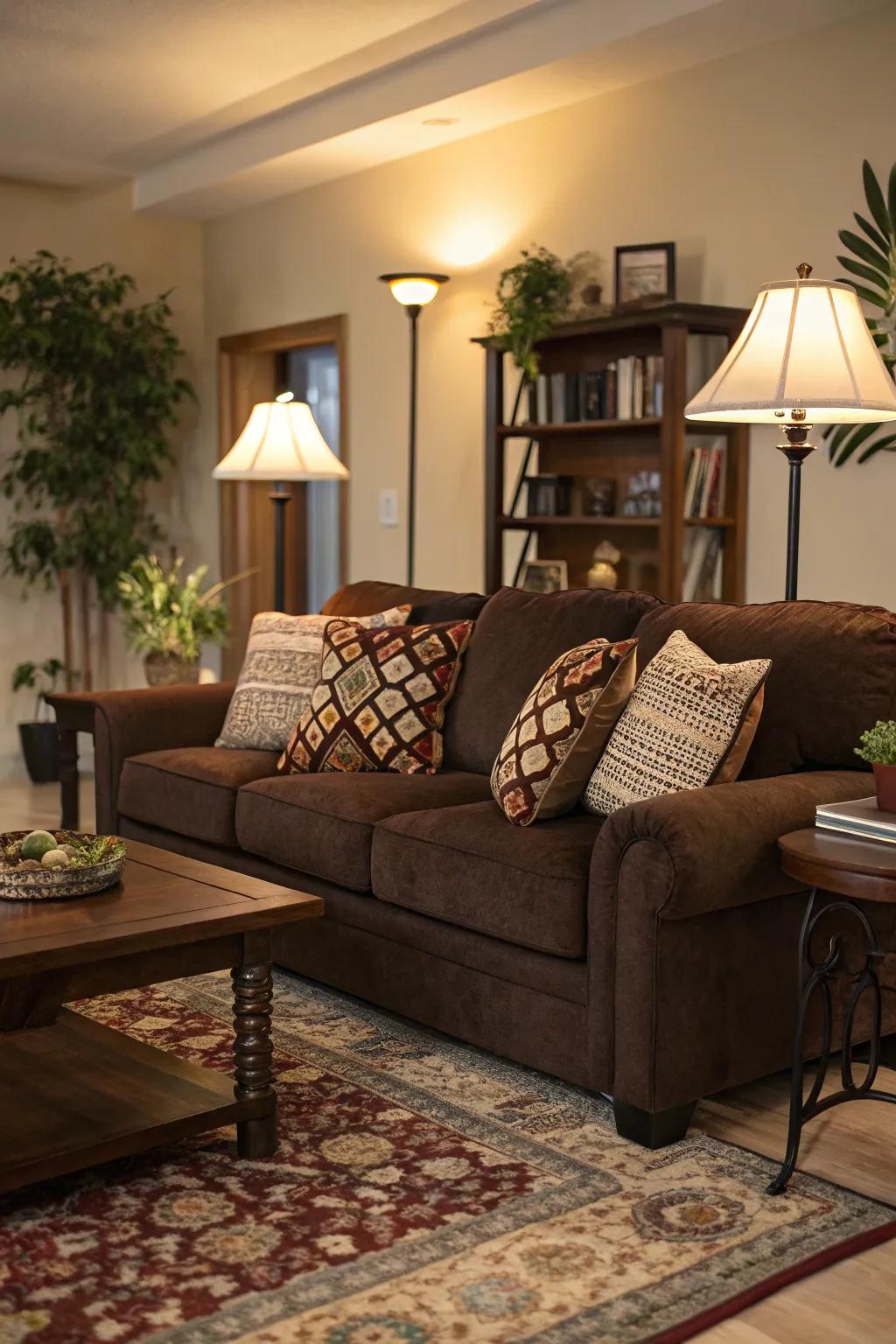 Mood illumination accentuates the comfortable vibe of a cocoa sofa setting.