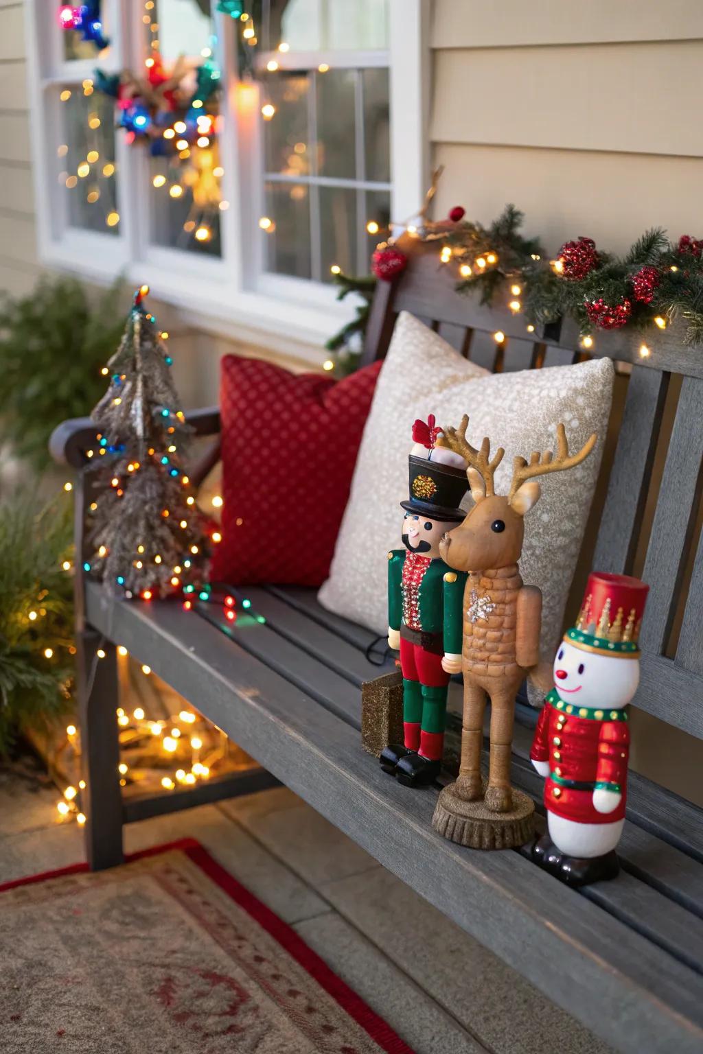 Holiday statuettes sprinkle whimsy across your bench setting.