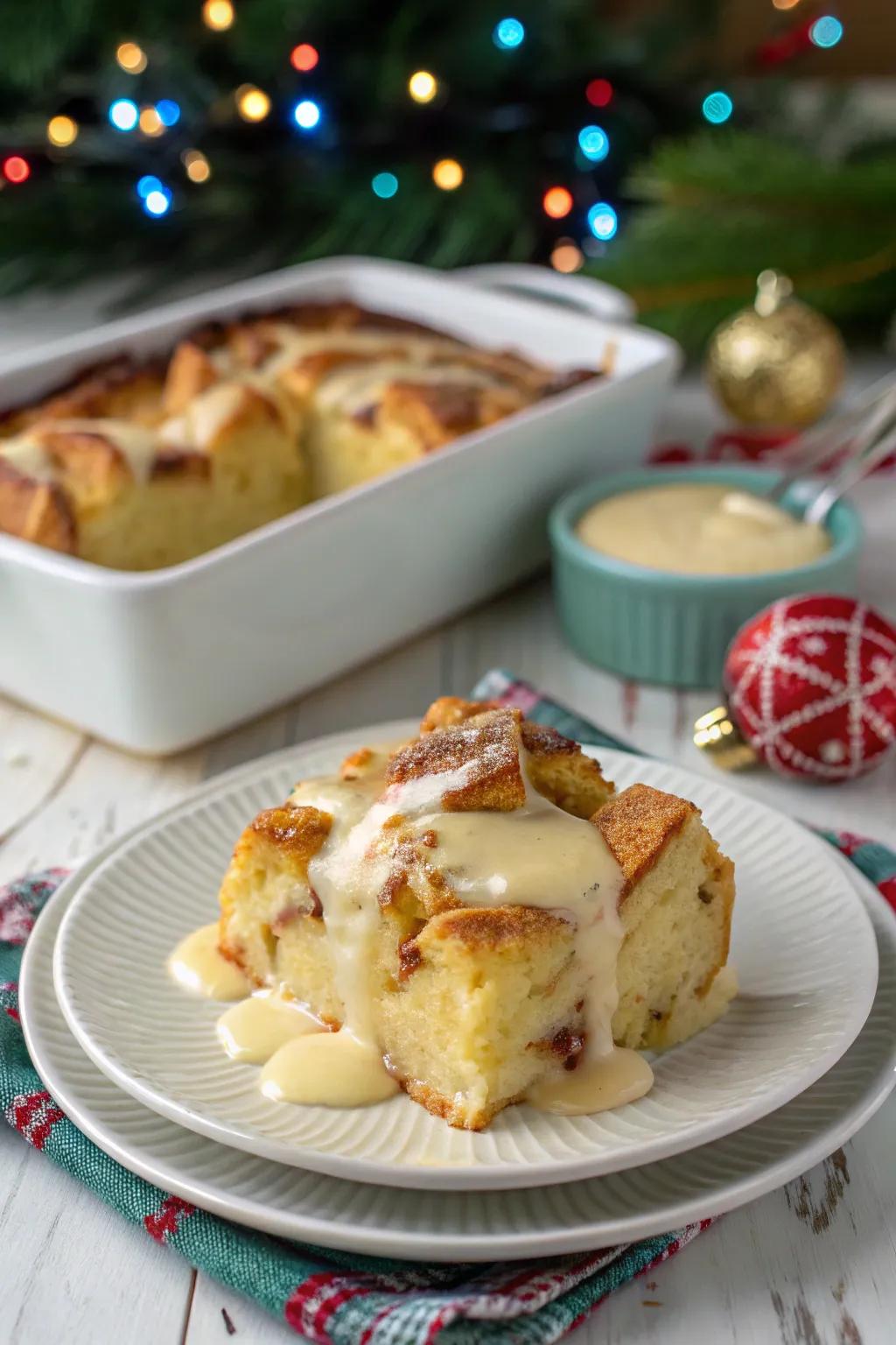 Rich and creamy eggnog bread pudding to savor.