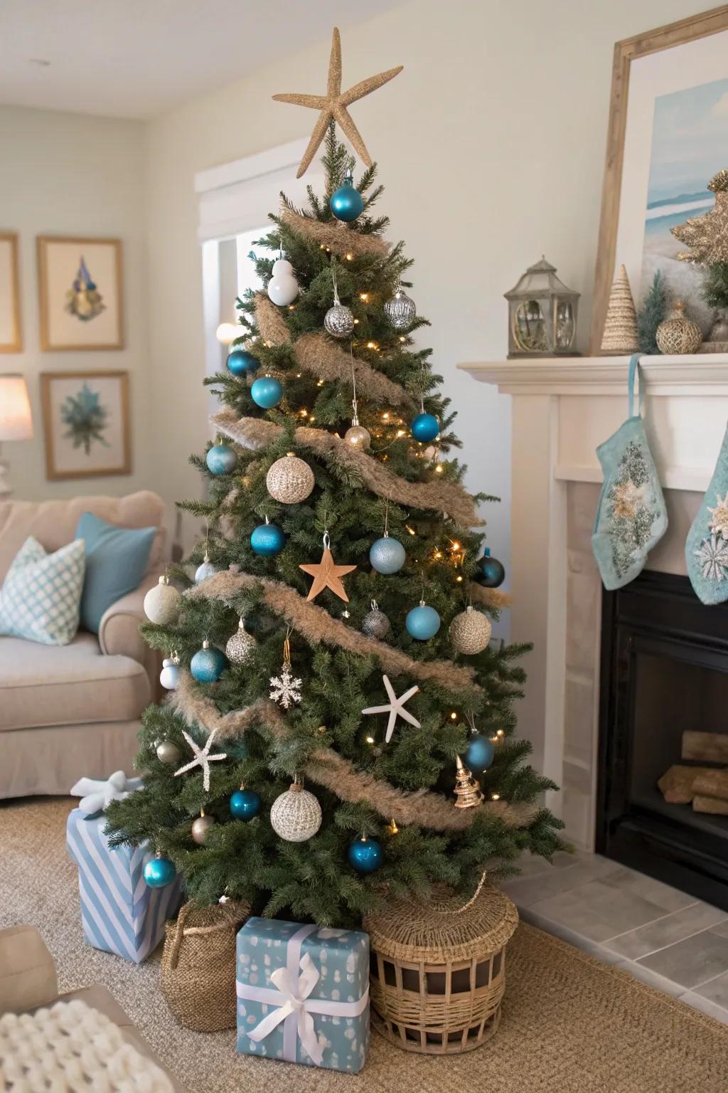 A coastal Christmas with azures and sandy neutrals.