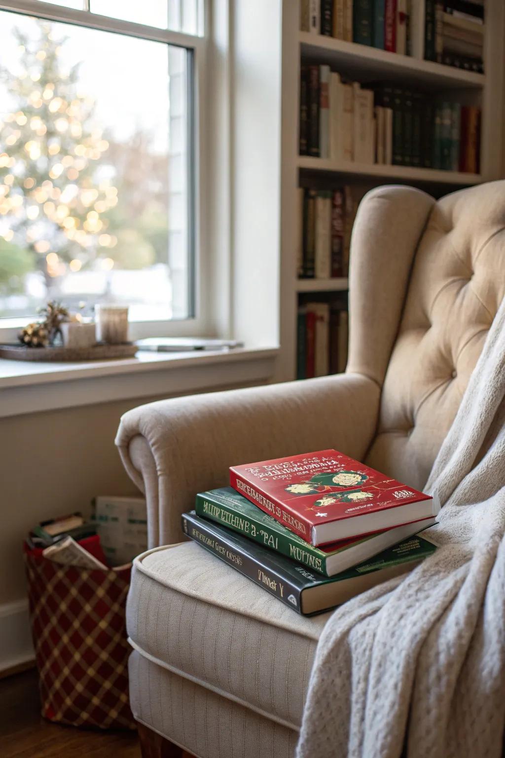 A cozy reading nook perfect for savoring a peaceful moment during the holidays.
