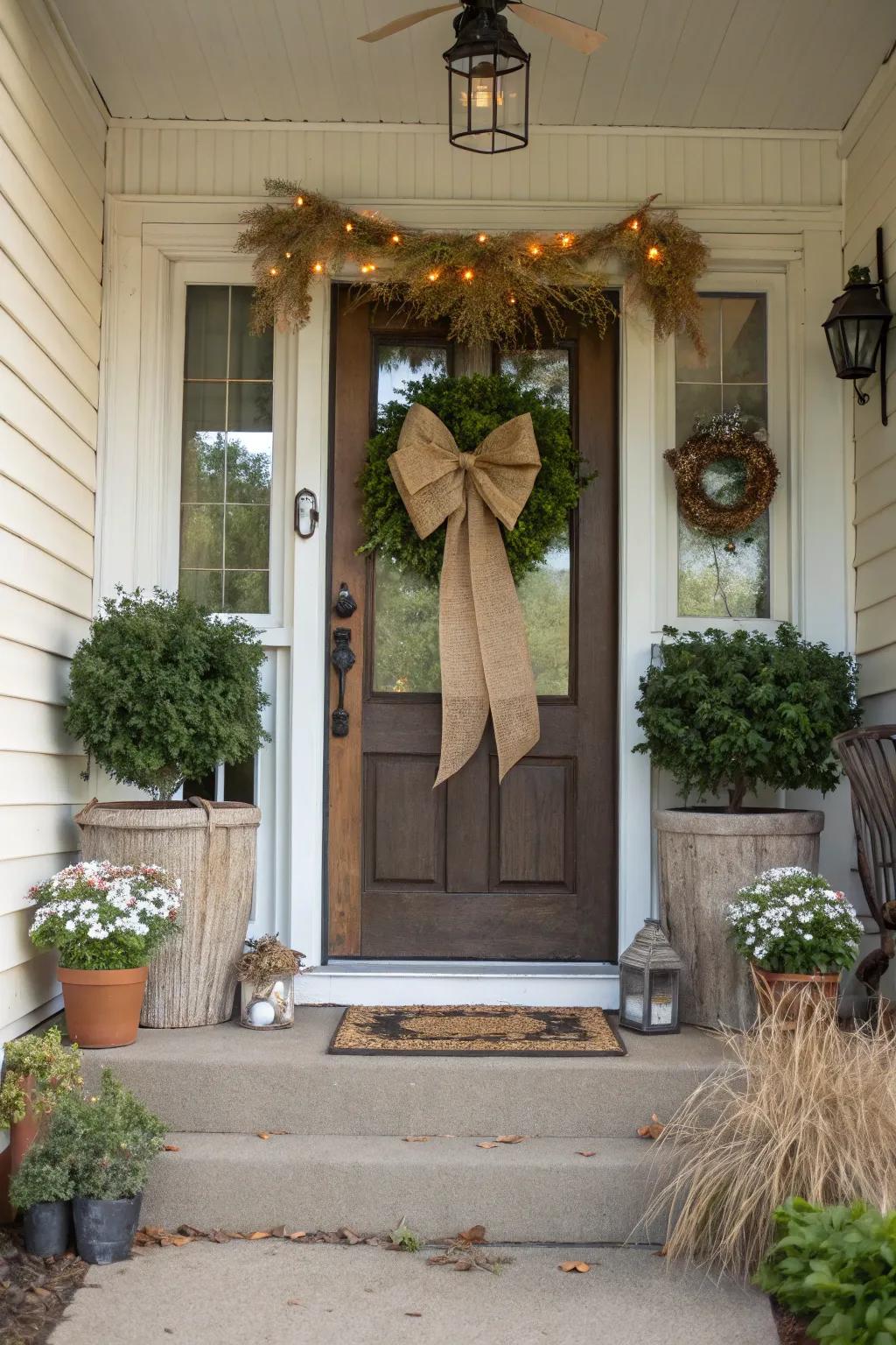 Bring homespun charm to your door with a hessian bow.