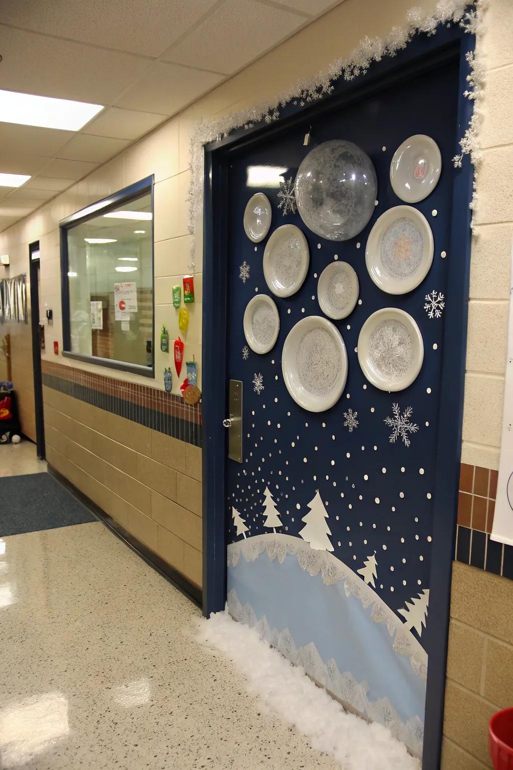 A 3D snow globe adds depth to this holiday door.