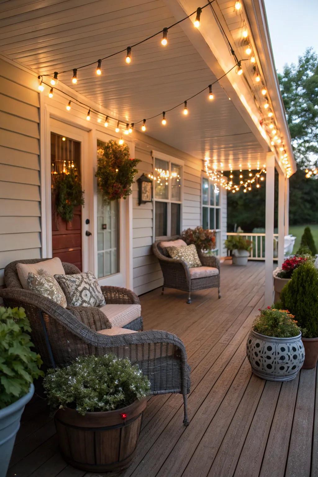 Twinkle lights cascading around the porch, creating a festive and inviting glow.