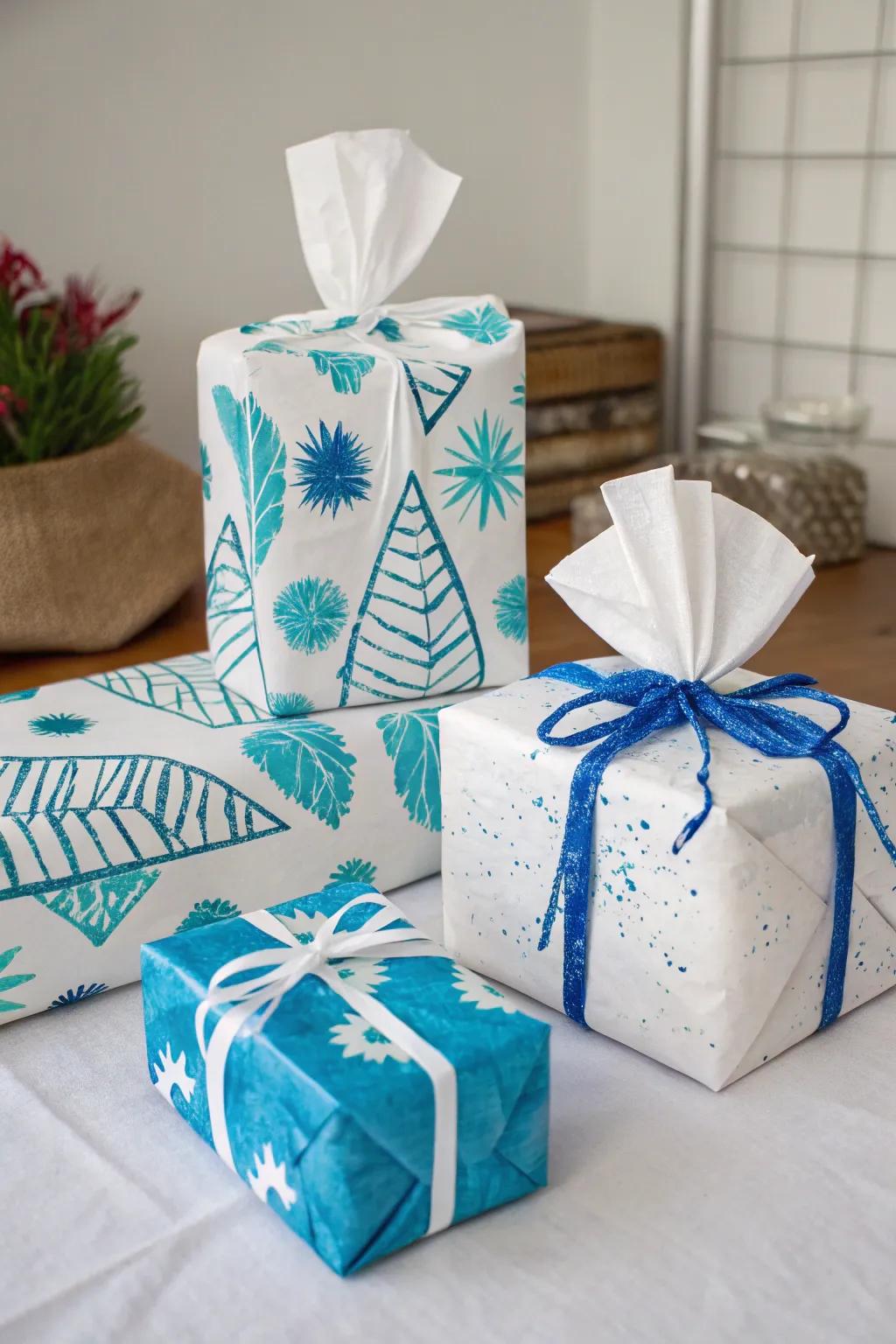 Distinctively wrapped gifts using snow and sapphire decorations.