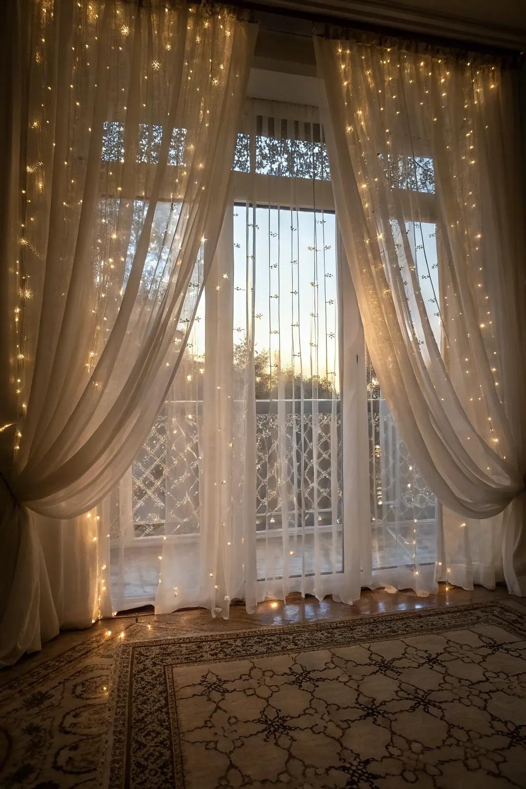 Beam veils craft a spectacular, cascading glow across windows.