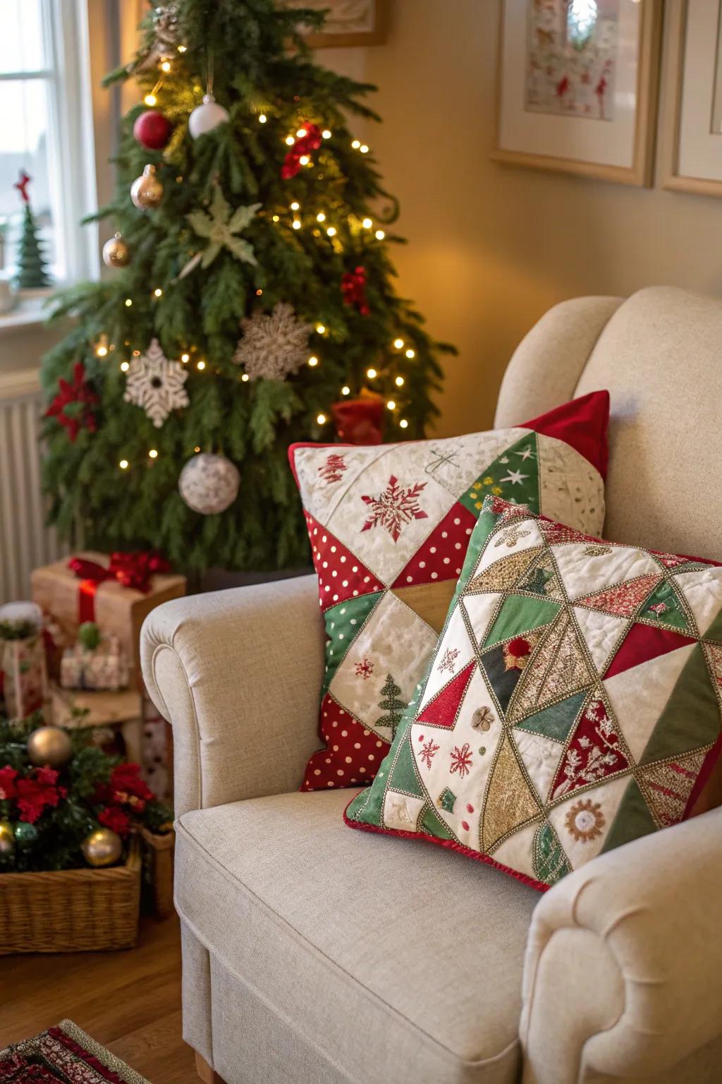Patchwork cushions incorporating a lively element to the holiday decorations.