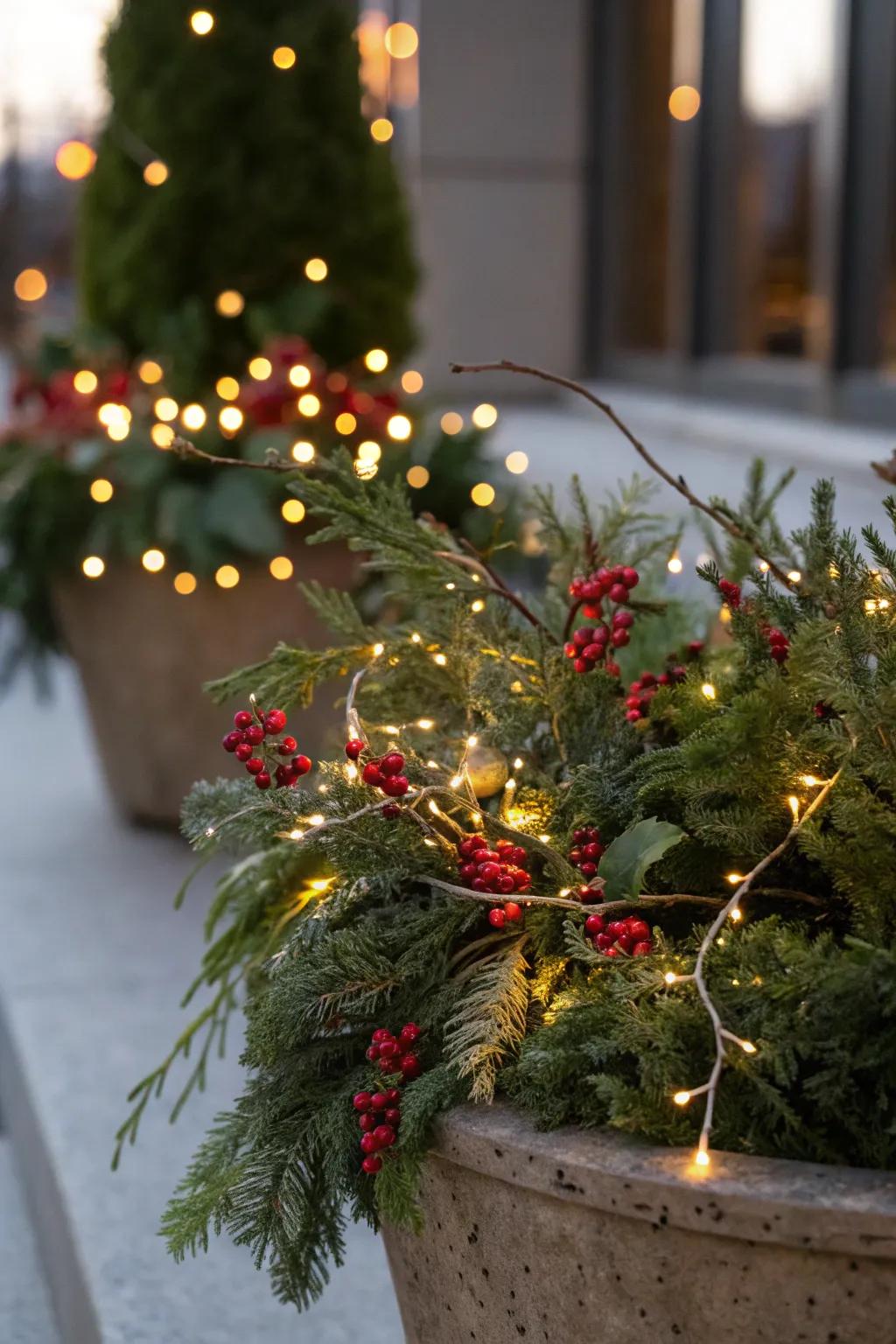 Fairy lights bring a warm glow to Christmas arrangements.