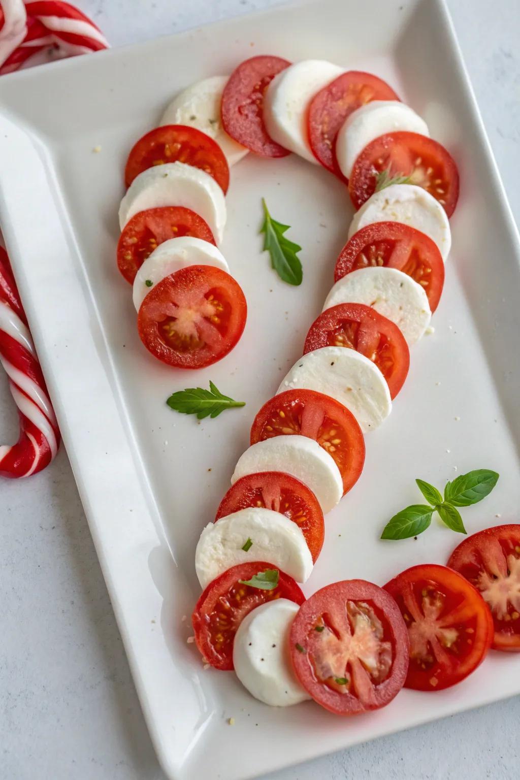 A savory candy cane formation featuring mozzarella and tomato.