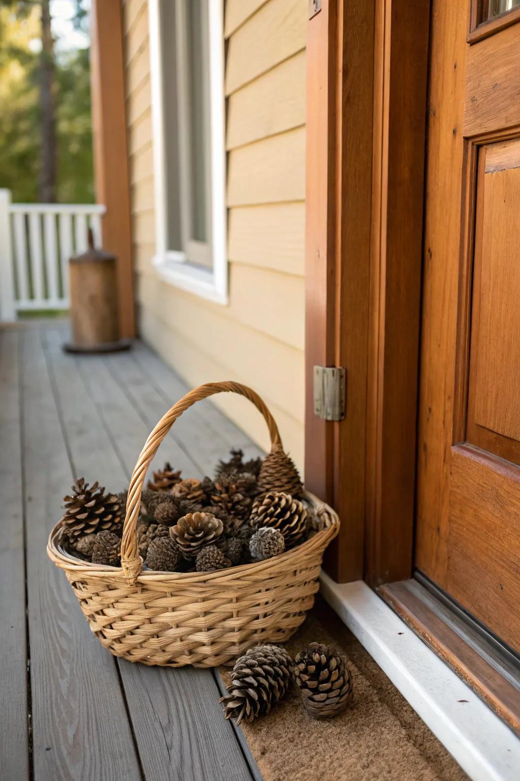 A rustic basket filled with evergreen cones bringing natural charm to a porch.