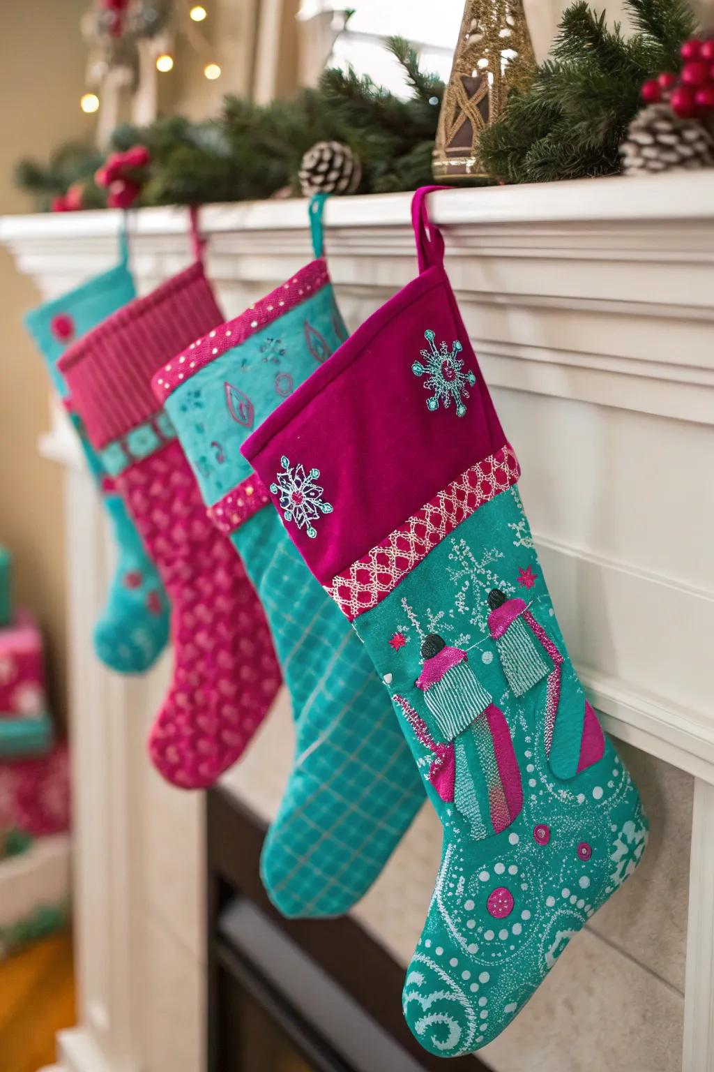 Lustrous and intense stockings fashion a vibrant holiday assertion.