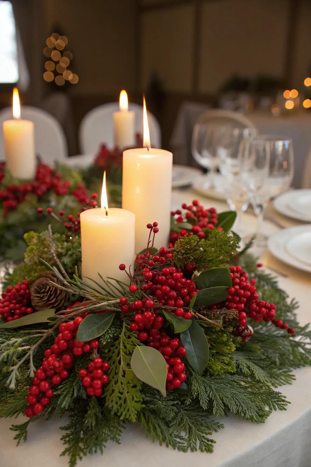 Crimson berries contribute a lively touch to this festive arrangement.