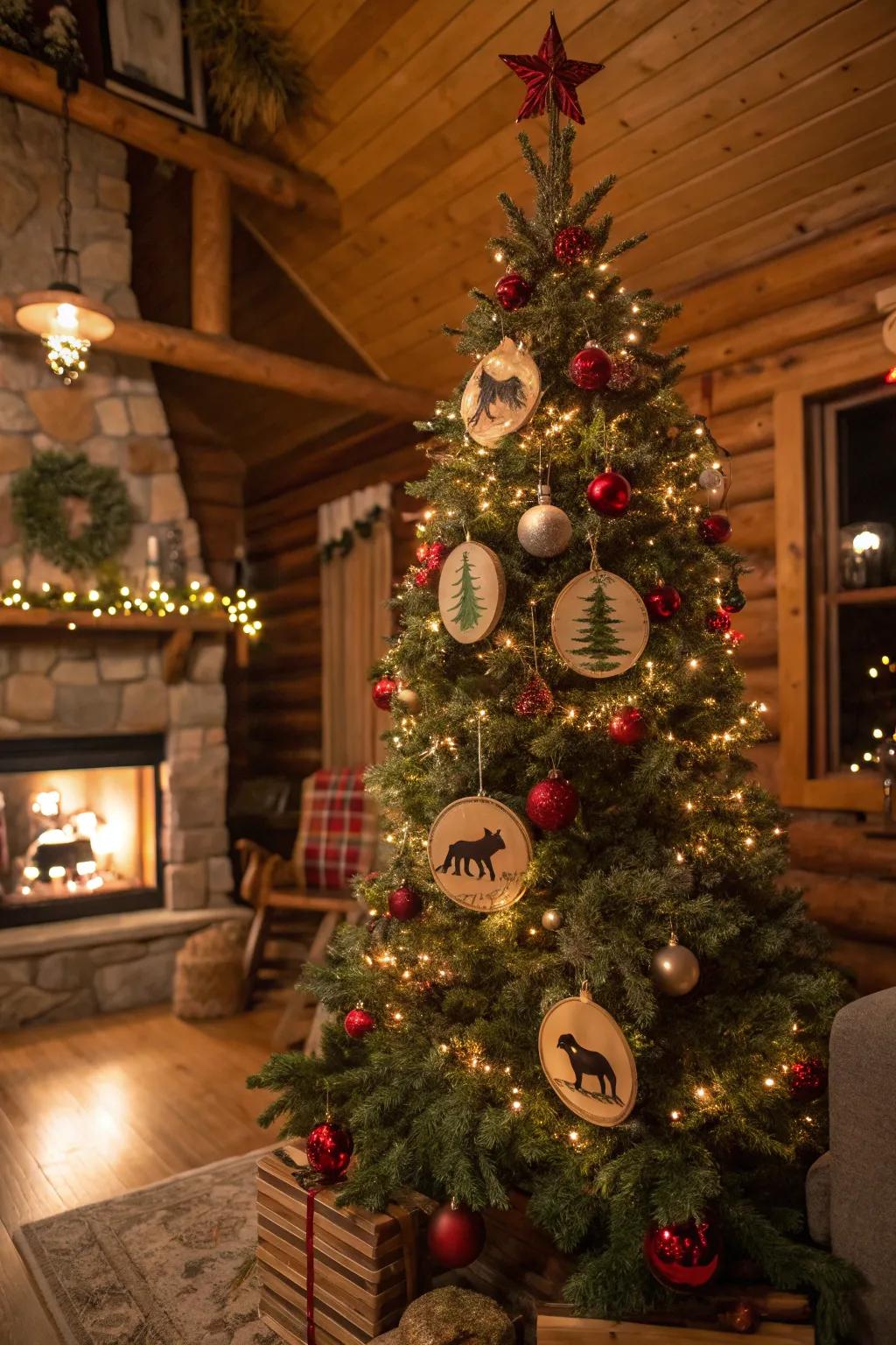 A rustic Christmas tree decorated with woodland-themed ornaments and colorful lights, perfect for a cozy holiday atmosphere.