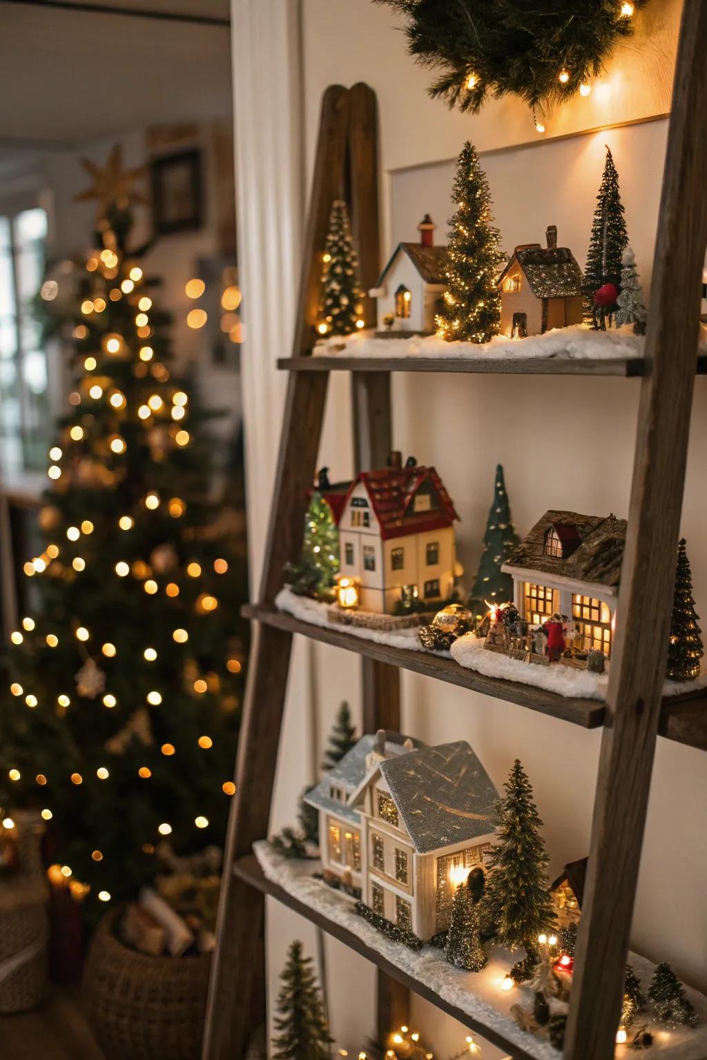 Floating shelves allow for a dynamic and space-saving Christmas village display.