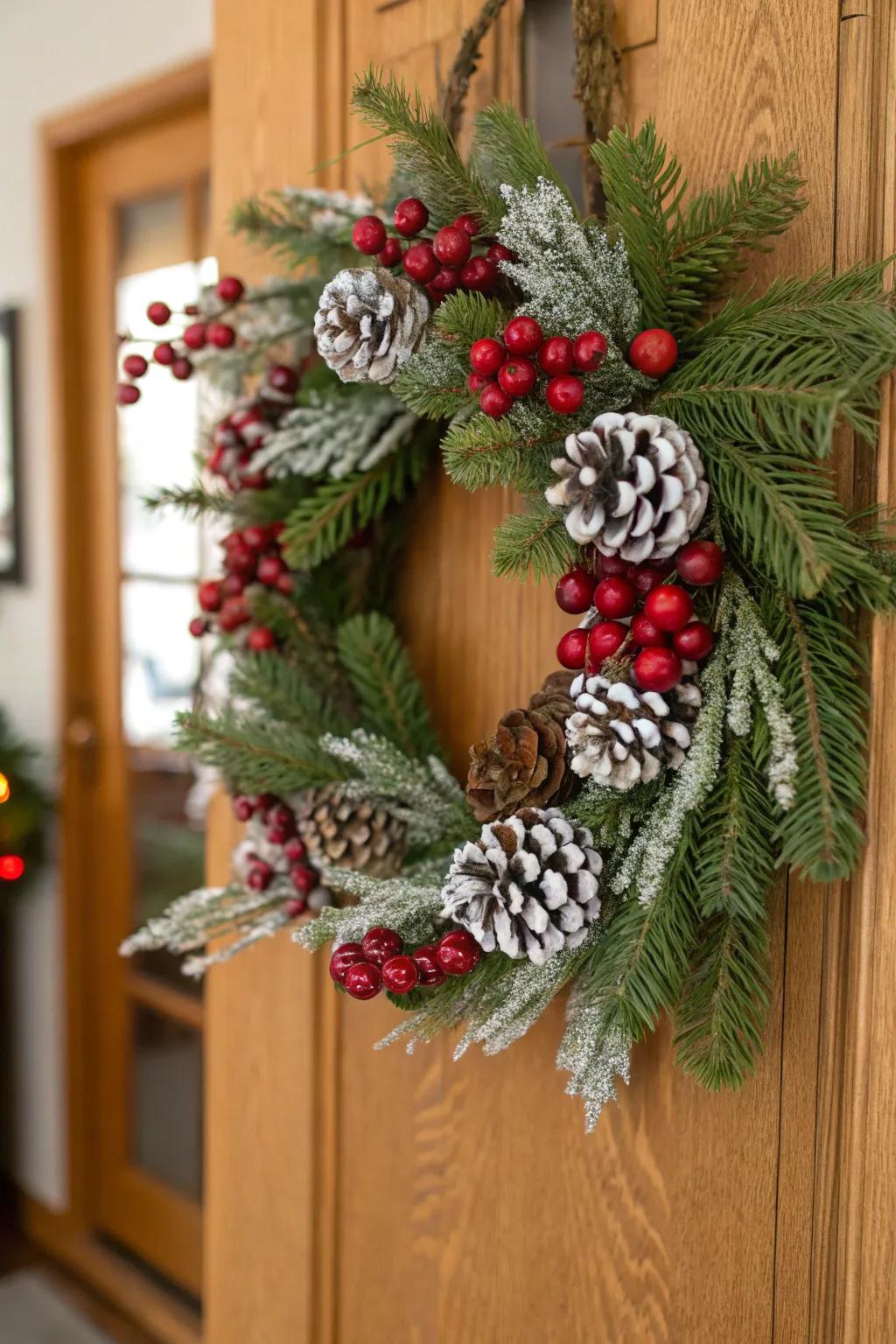 A nature-inspired wreath brimming with cranberries and iced coniferous tree cones.
