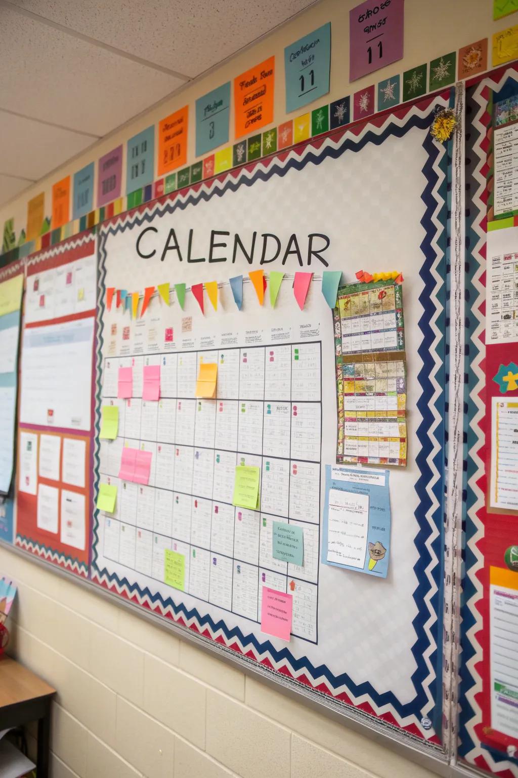 A calendar board with ornamental borders for a complete and cohesive look.