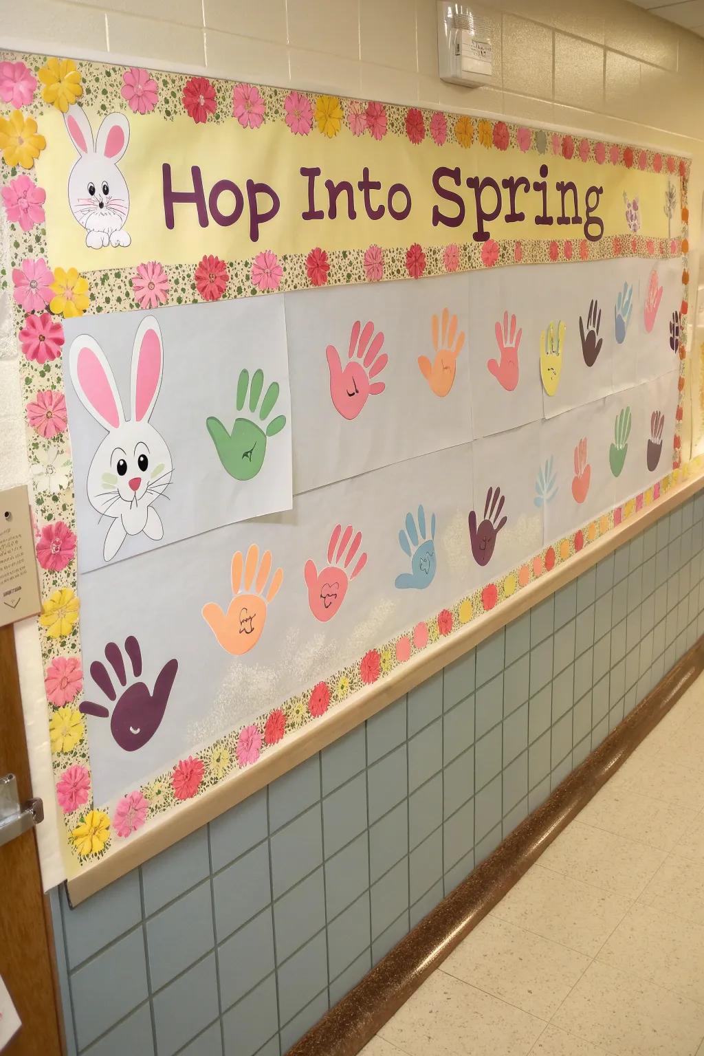 A playful bulletin board with handprint bunnies celebrating spring.