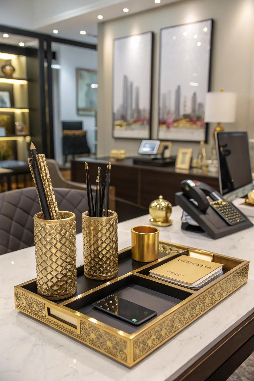 Metallic highlights bring a touch of luxury and elegance to the workspace.