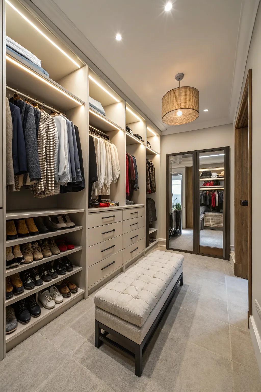 A walk-in closet offers plenty of room for both organization and fashion.