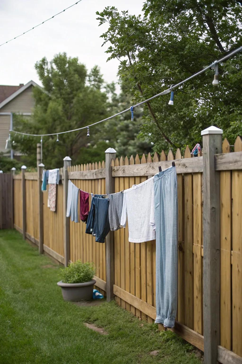 Make use of your fence for a space-conserving clothesline solution.