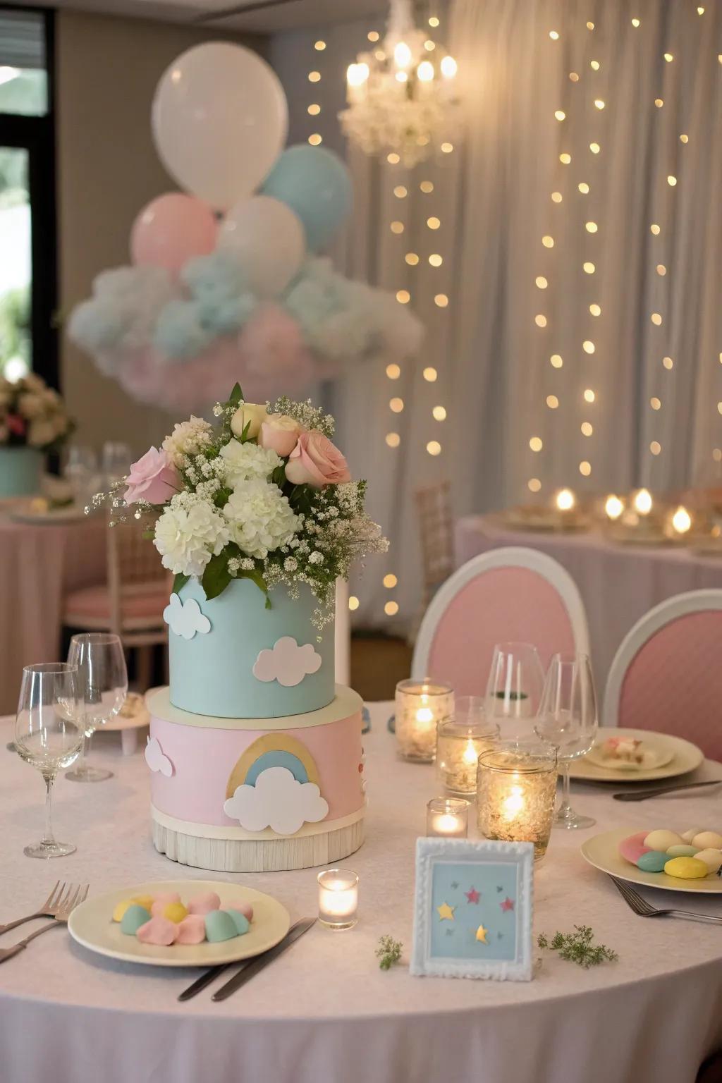 Refined table settings with cumulus-themed centerpieces fashion a sophisticated ambiance.