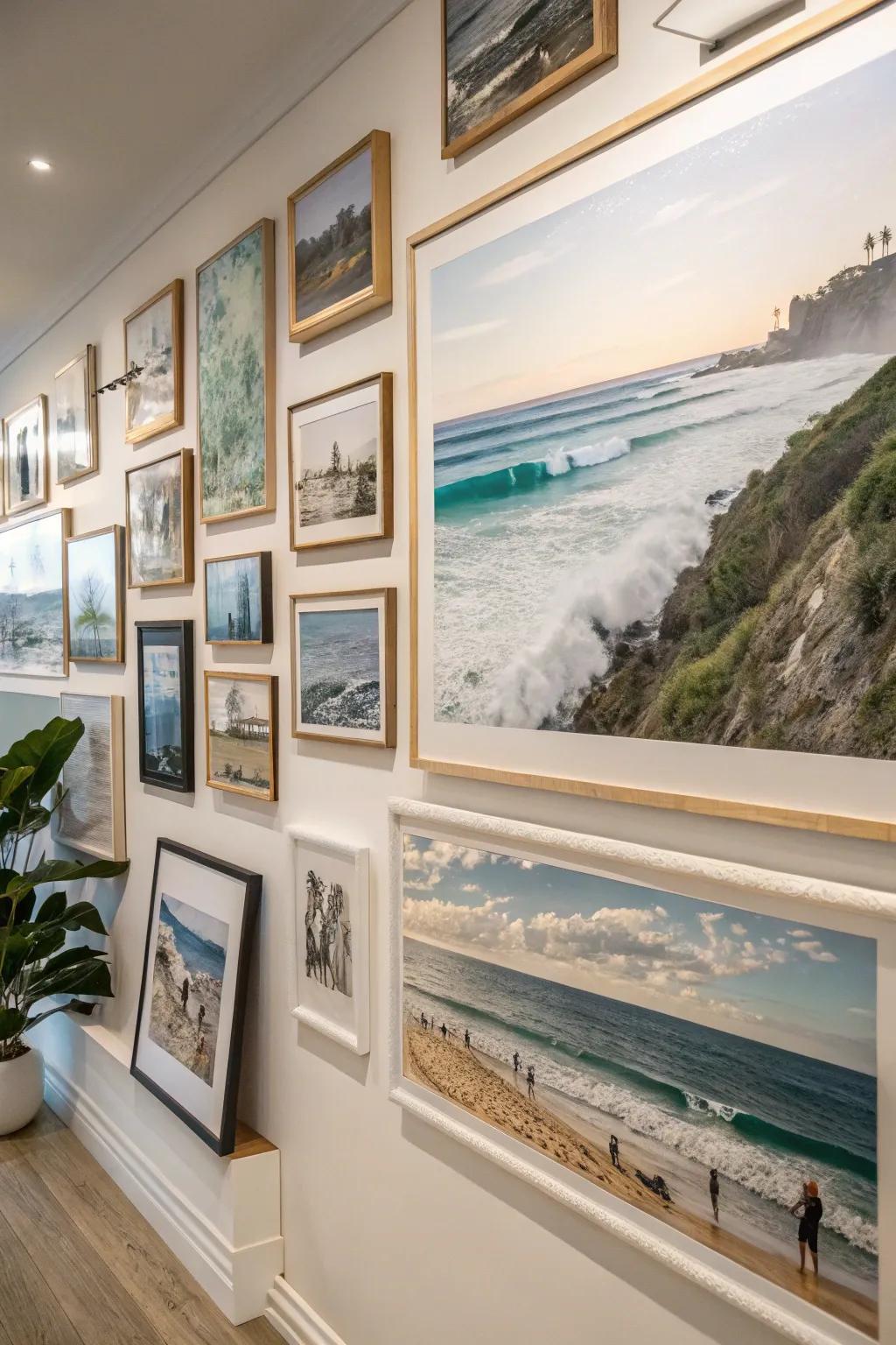 A gallery wall conveying a coastal theme.