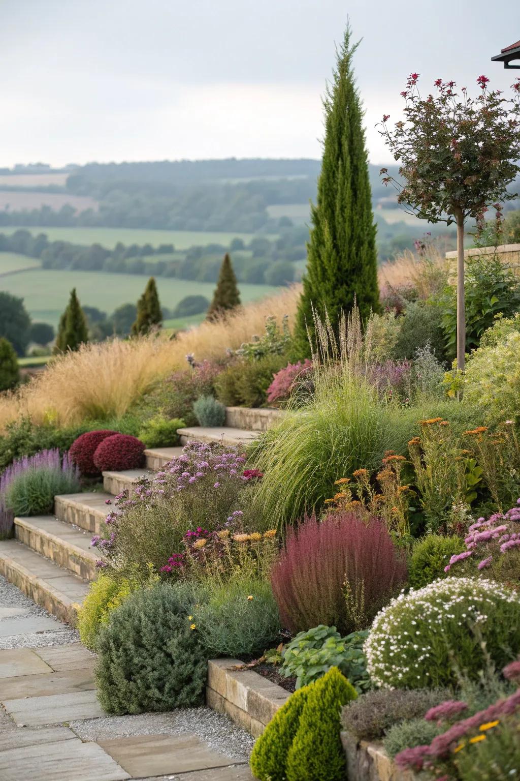 Layered planting enriches a coastal garden with depth and complexity.