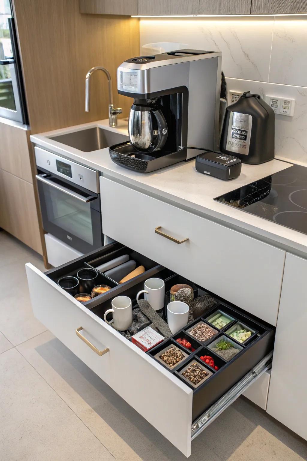 An integrated coffee maker provides unparalleled convenience.