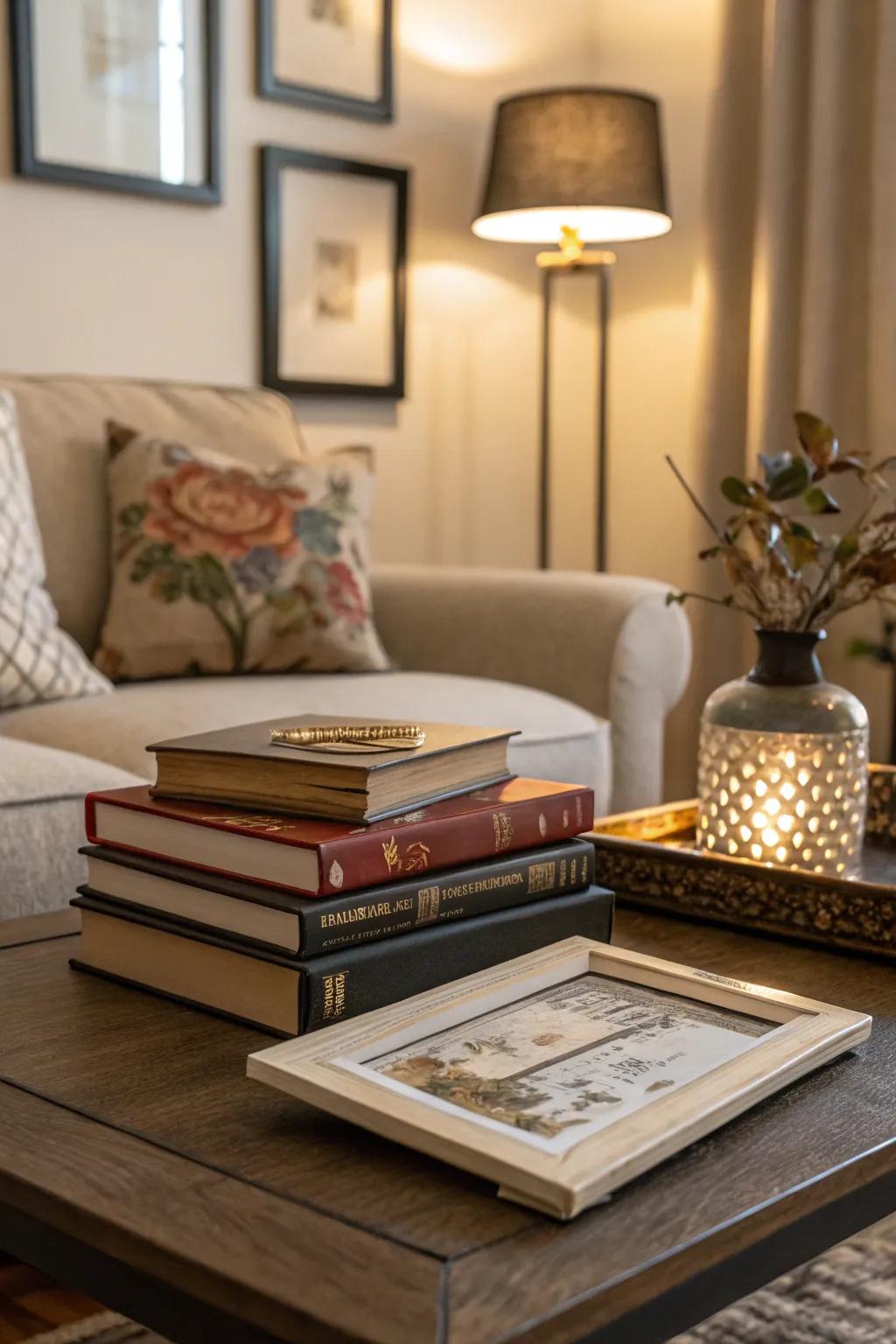 Mix books with art to fashion a miniature gallery on your table.