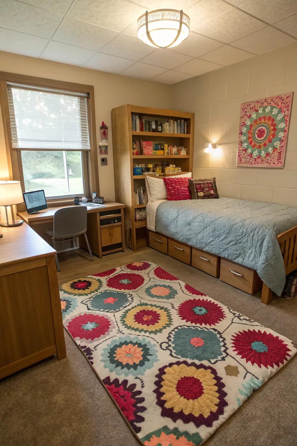Create cozy spaces in your dorm with a perfect floor covering.
