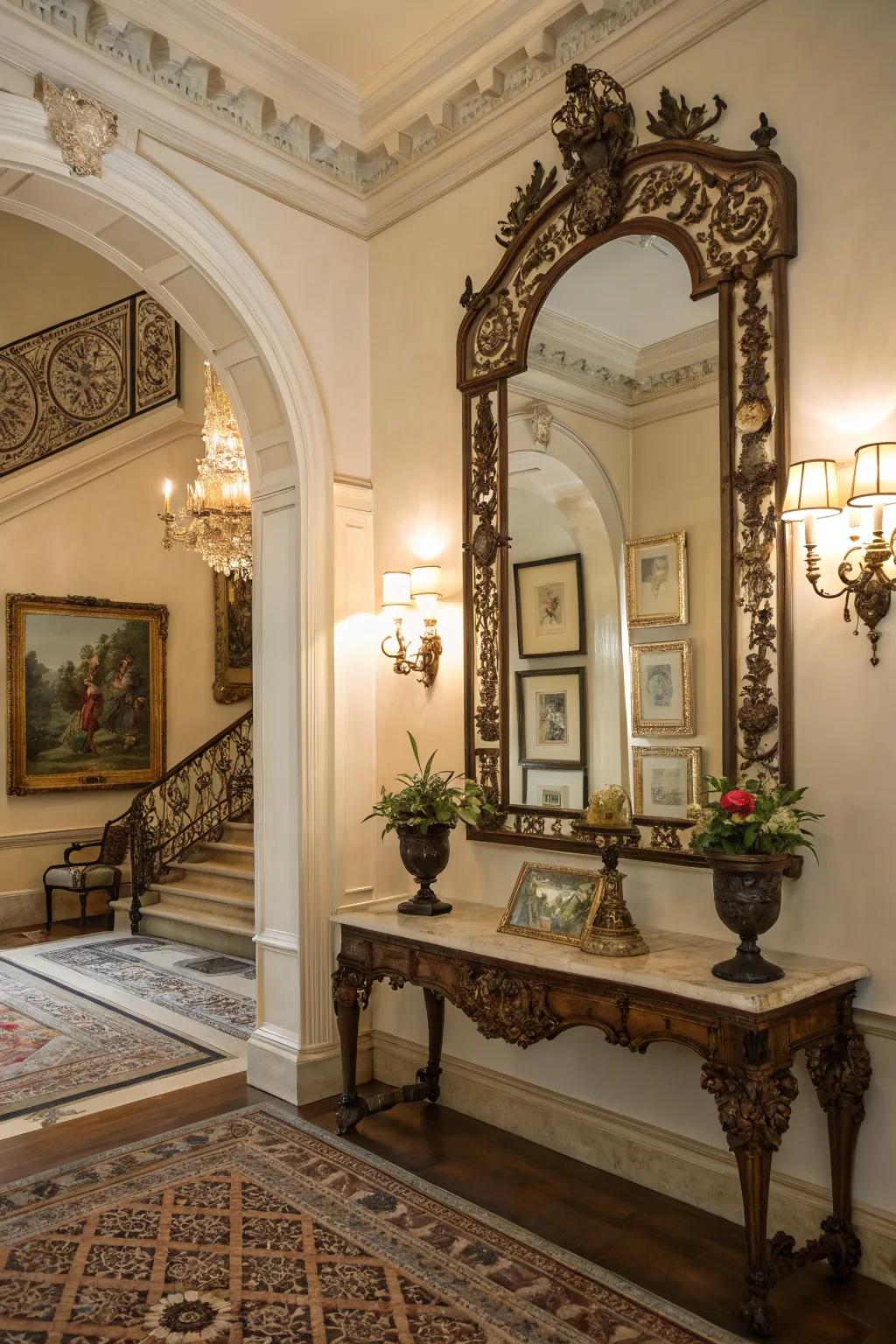 Fancy mirrors and classic art reflect light in this colonial entryway.