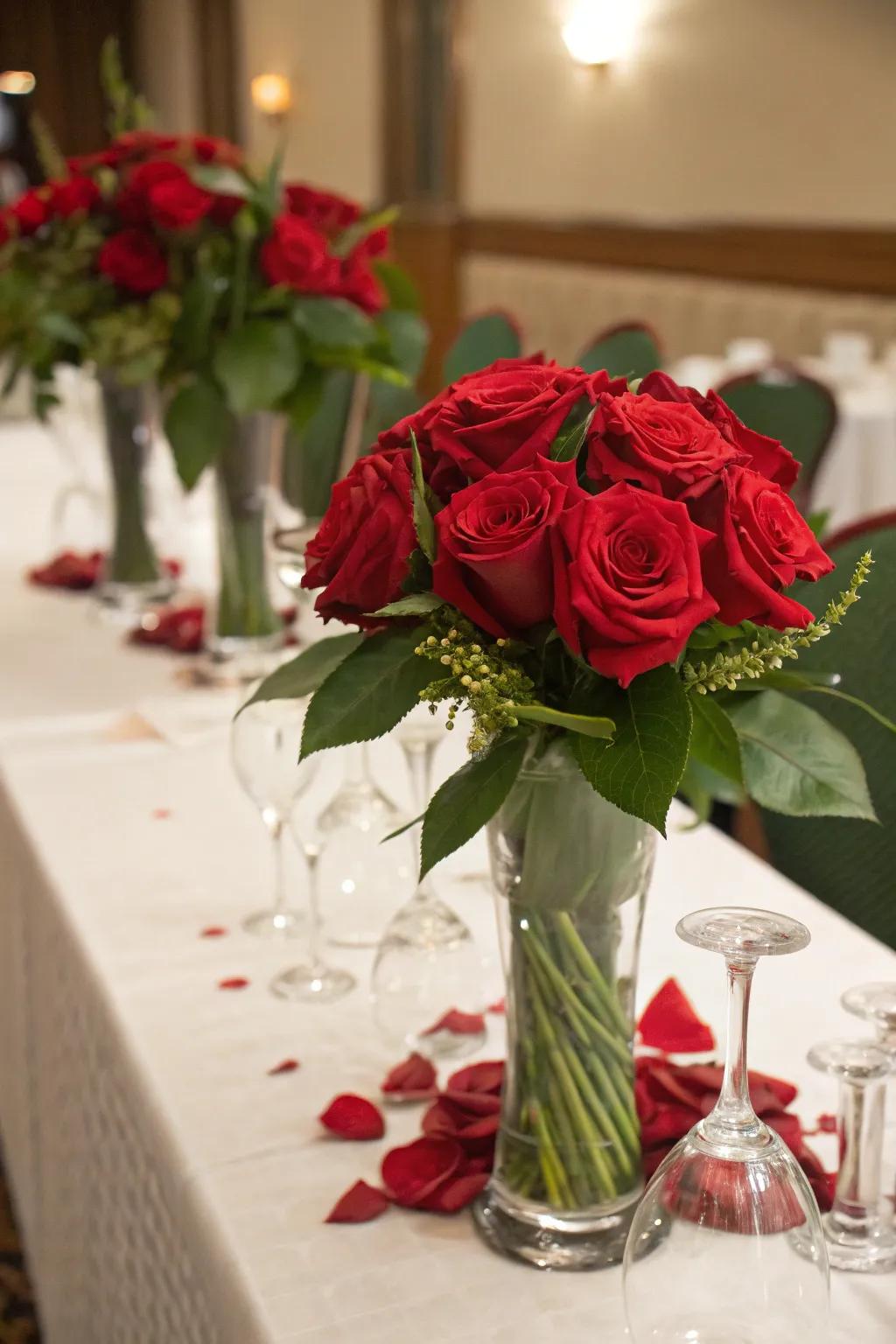 Ruby blossom centerpieces adding sophistication and fragrance to the scene.