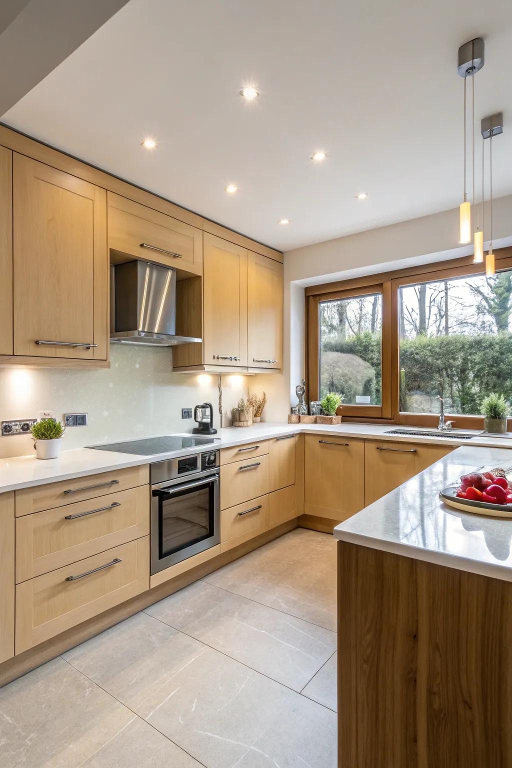 Bright cupboards and neutral countertops establish a striking comparison.