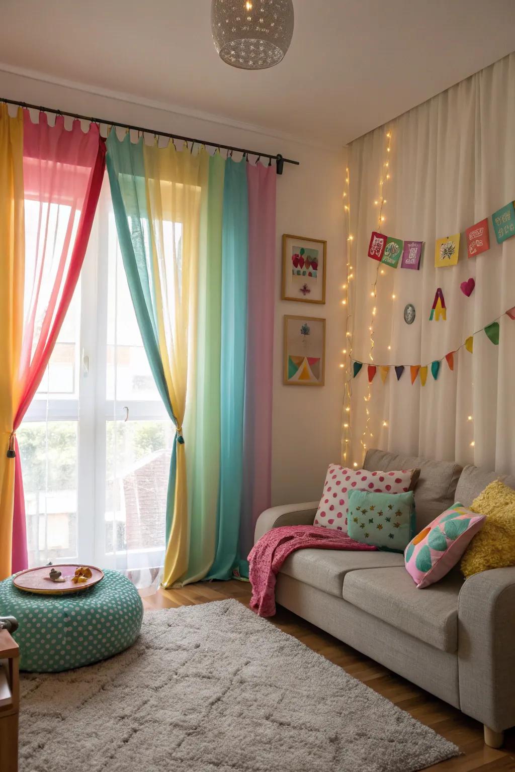 Vibrant window coverings soften the light and add a whimsical touch to the living room.