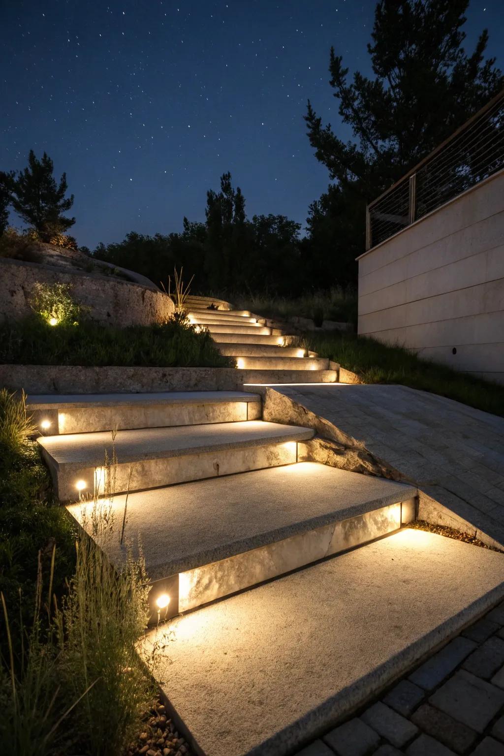 Lighting infuses warmth and safety into your steps.