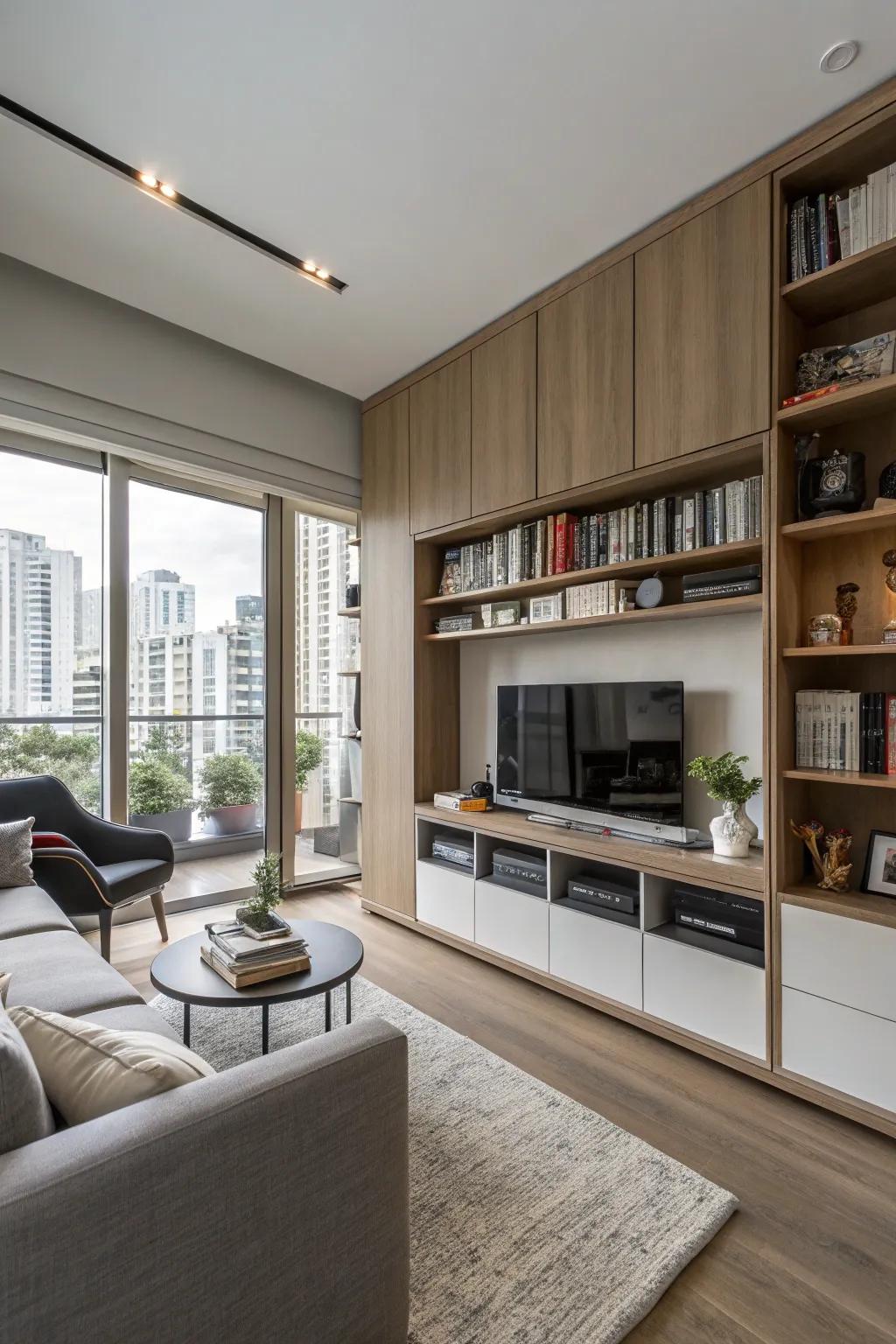 A multi-functional condo living area equipped with clever, built-in storage options.