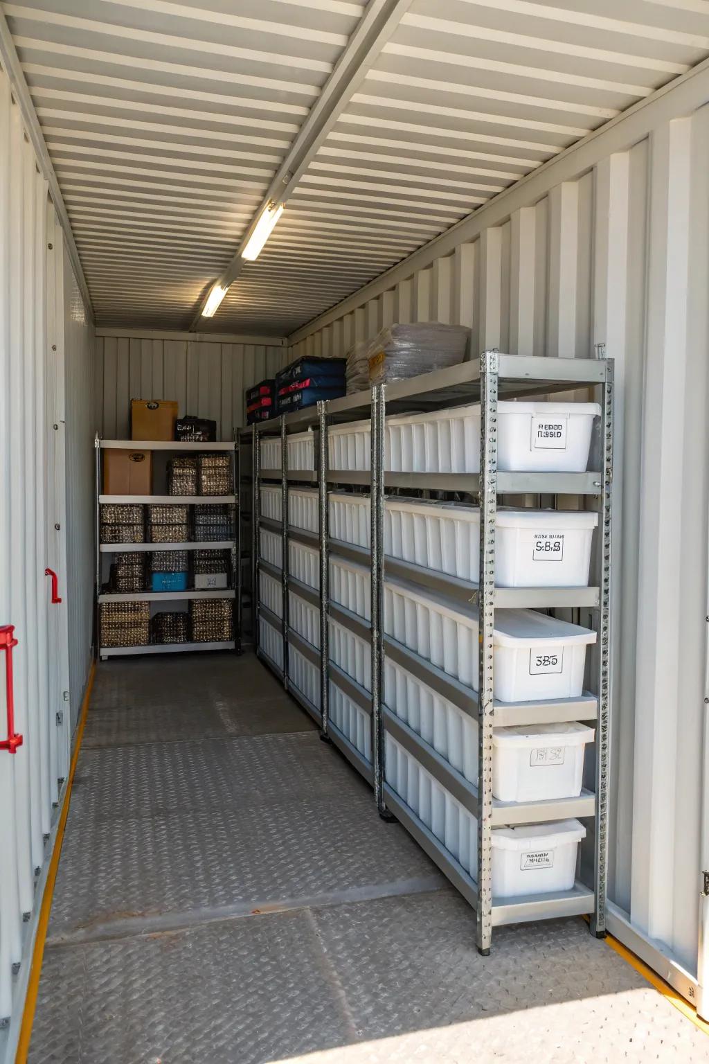 Achieve order and effectiveness by implementing clever indoor storage solutions within your container.