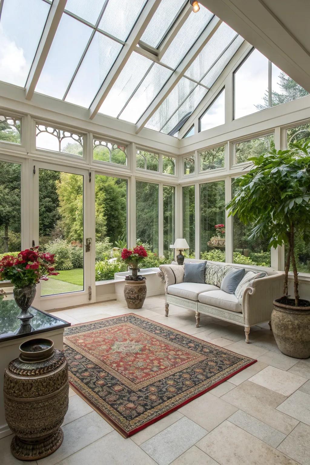 A sunroom displaying a harmonious mix of contemporary and classic aesthetics.